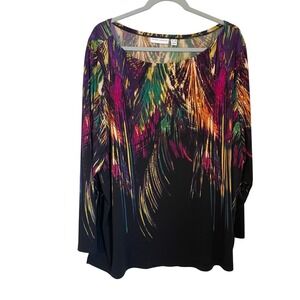 Susan Graver Liquid Knit Abstract Feather Print Tunic Top Black Multi Women 3X